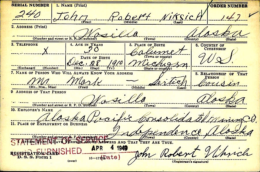 John Robert Niksich, World War II draft registration
