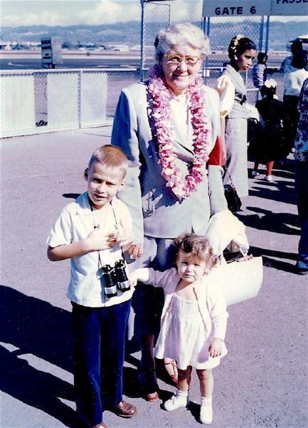 Margaret Tope Chamberlain and grandchildren Scott and Donna, about 1959